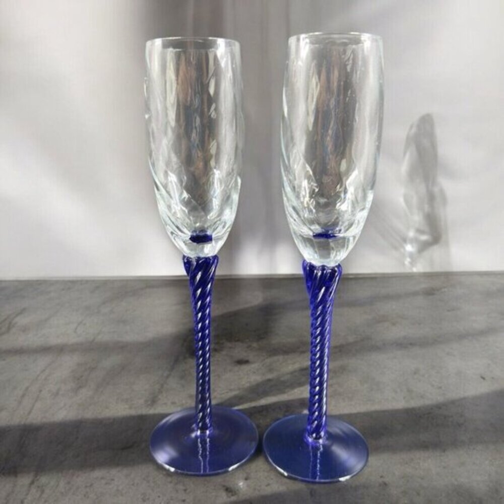 Italian Optic Swirl Glass Flutes Set 2 Cobalt Blue‎ Twisted Stem Goblets Glasses